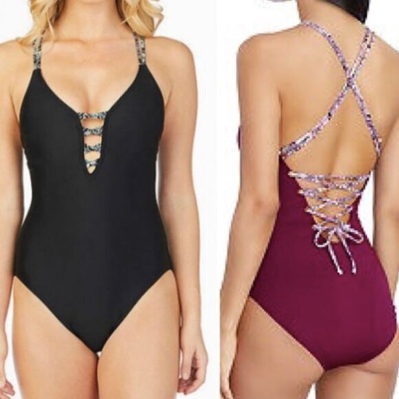 AMBRIELLE Crochet Lace Up Swim One Piece Open Back - Picture 1 of 8